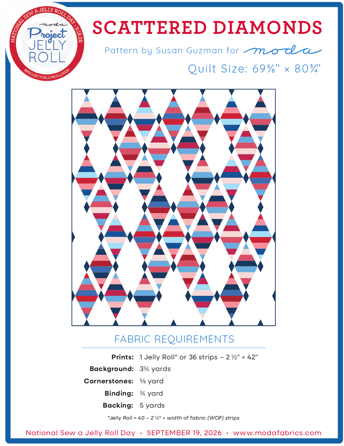 Scattered Diamonds free quilt pattern cover - Moda Project Jelly Roll 2026