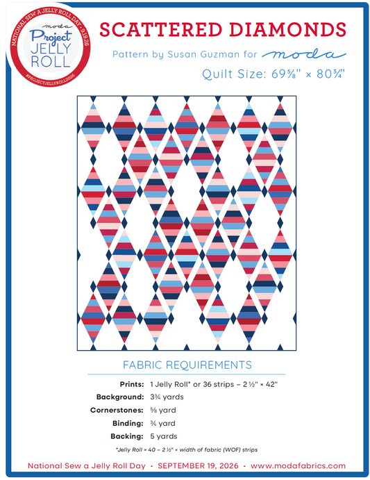 Fabric jelly roll bundle with scattered diamond pattern in blue, red, and white