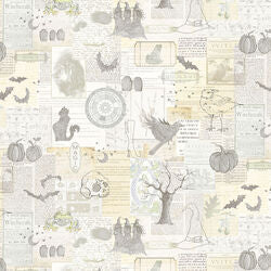 Light cream fabric with witchy collage prints: cauldrons, books, and bottles