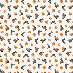 Light cream fabric with small black cats, pumpkins, and orange Halloween icons print