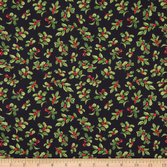 Joy of the Season Nature Seasonal Holly Black by Benartex Sold by the Half Yard