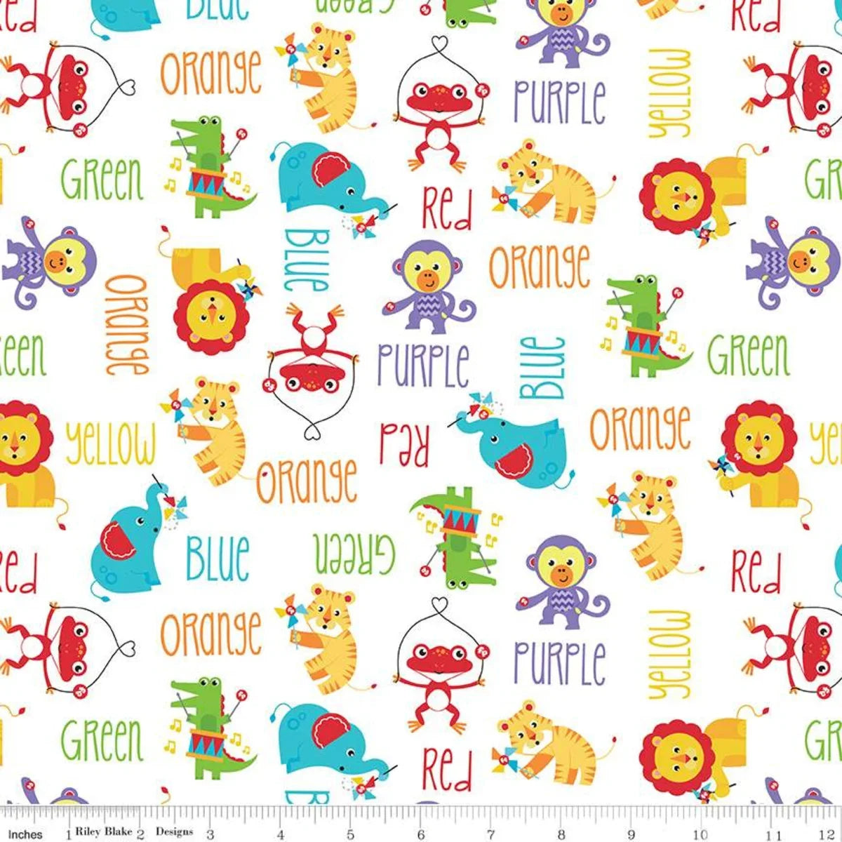 White cotton fabric with colorful animal pattern and scattered text