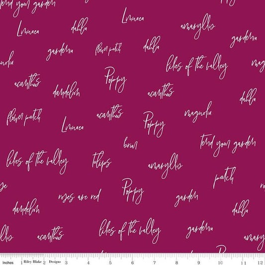 Bloom and Grow Words Burgundy from Riley Blake Sold by the Half Yard