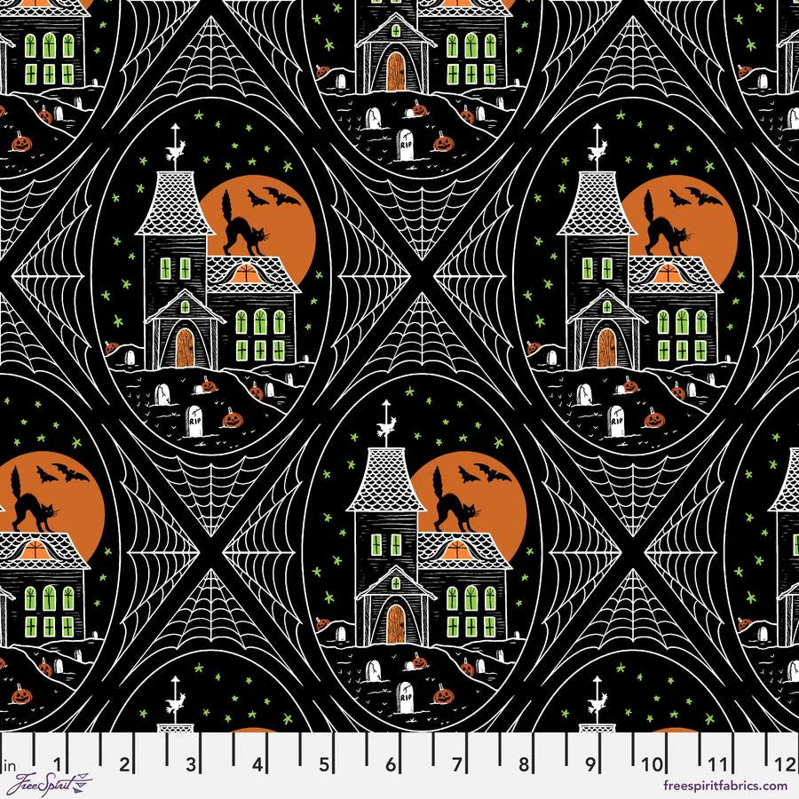 Scaredy Cats Haunted House Black by Rachel Hauer for FreeSpirit Fabrics Sold by the Half Yard