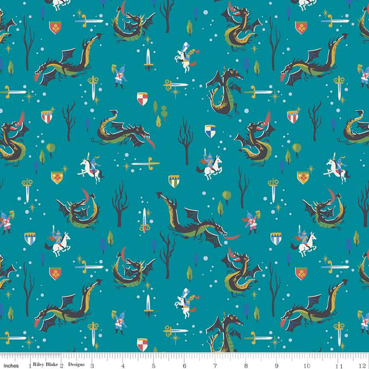 SALE! Little Brier Rose Dragons Teal Sparkle from Riley Blake Sold by the Half Yard