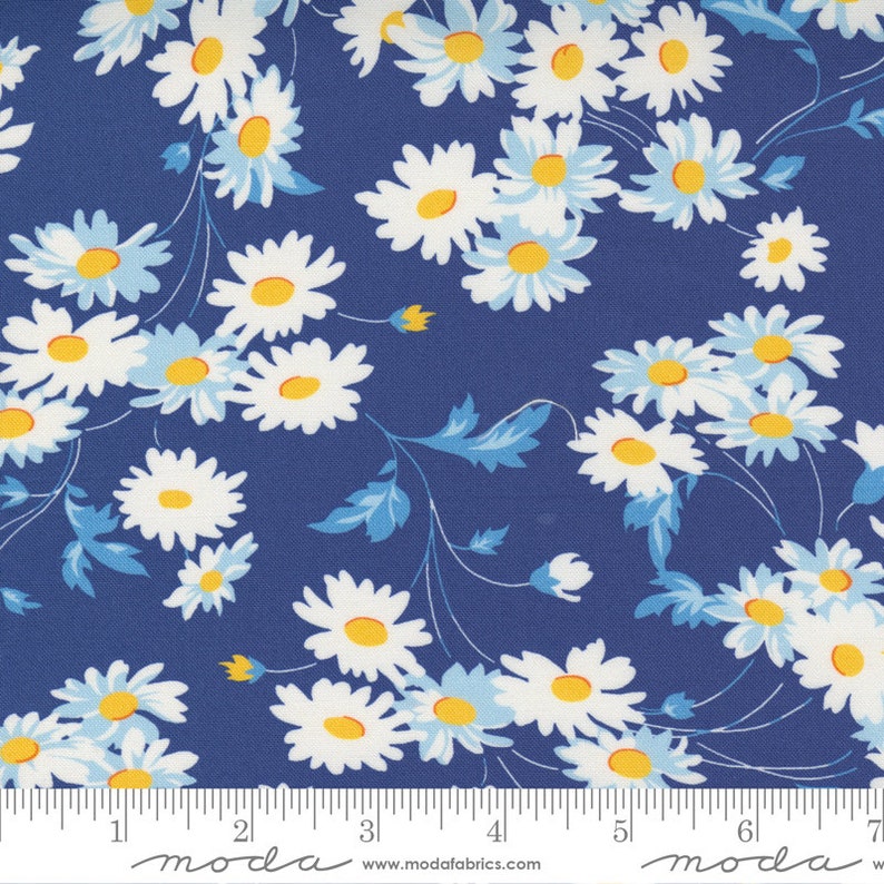 Story Time Real Daisy Navy from Moda Fabrics Sold by the Half Yard