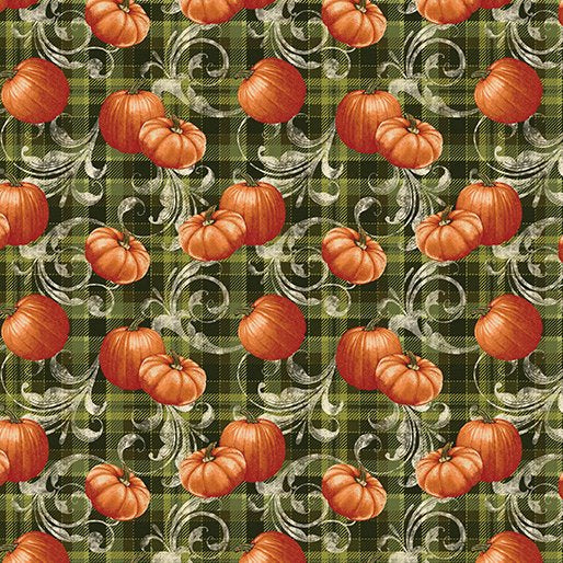 1 Yard Cut Turkey Time Pumpkin Plaid Scroll by Benartex