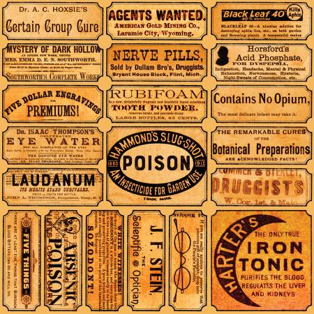 Orange apothecary print fabric with vintage label typography and symbols