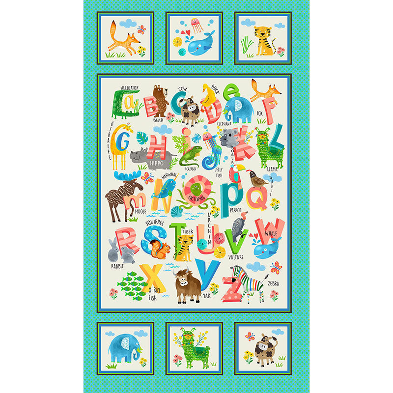 Alphabet fabric panel with colorful animals and letters on aqua background