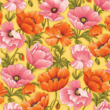 Flower Festival Sunshine Pink Poppies by Benartex Sold by the Half Yard