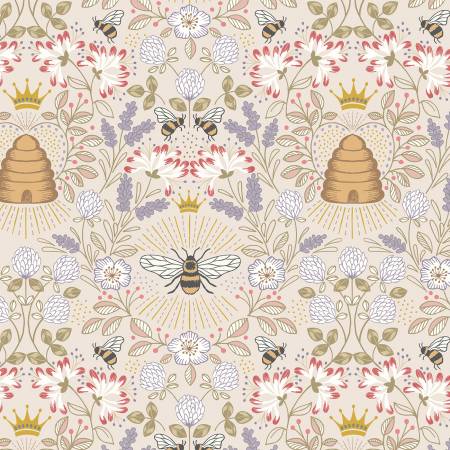 Beehive on Dark Cream with Gold Metallic by Lewis & Irene Sold by the Half Yard