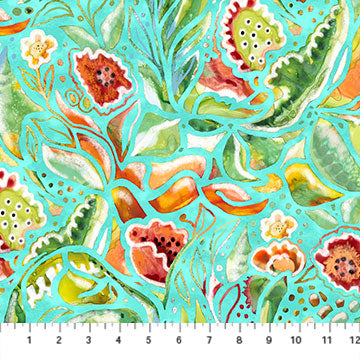 My Mother's Garden Floral Turquoise Sold by the Half Yard