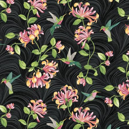 Black Hummingbirds & Honeysuckle from the Hummingbirds & Honeysuckle Collection for Benartex Sold by the Half Yard