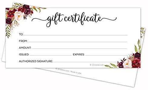 Gift certificate card with floral border, blank fields for recipient, sender, and amount