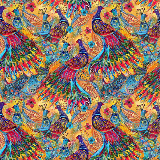 1 Yard Cut Painted Peacocks Multi Color from Timeless Treasures