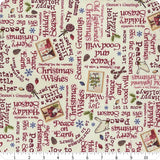 Postcard Christmas Light Cream Sayings by Cloth Works Sold by the Half Yard